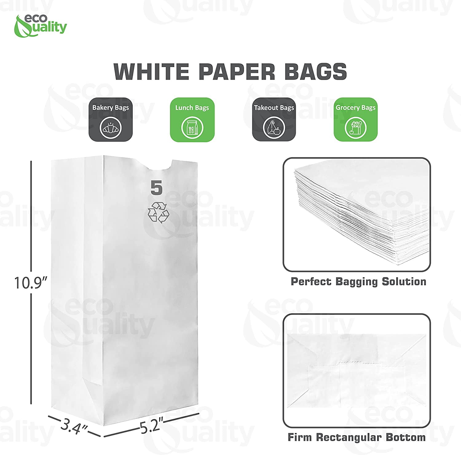 Paper Lunch Bags 5 Lb White Paper Bags 5LB Capacity - Kraft White Paper Bags, Bakery Bags, Candy Bags, Lunch Bags, Grocery Bags, Craft Bags - #5 Medium Lunch Paper Bags by EcoQuality (300, #5 - 5LB)