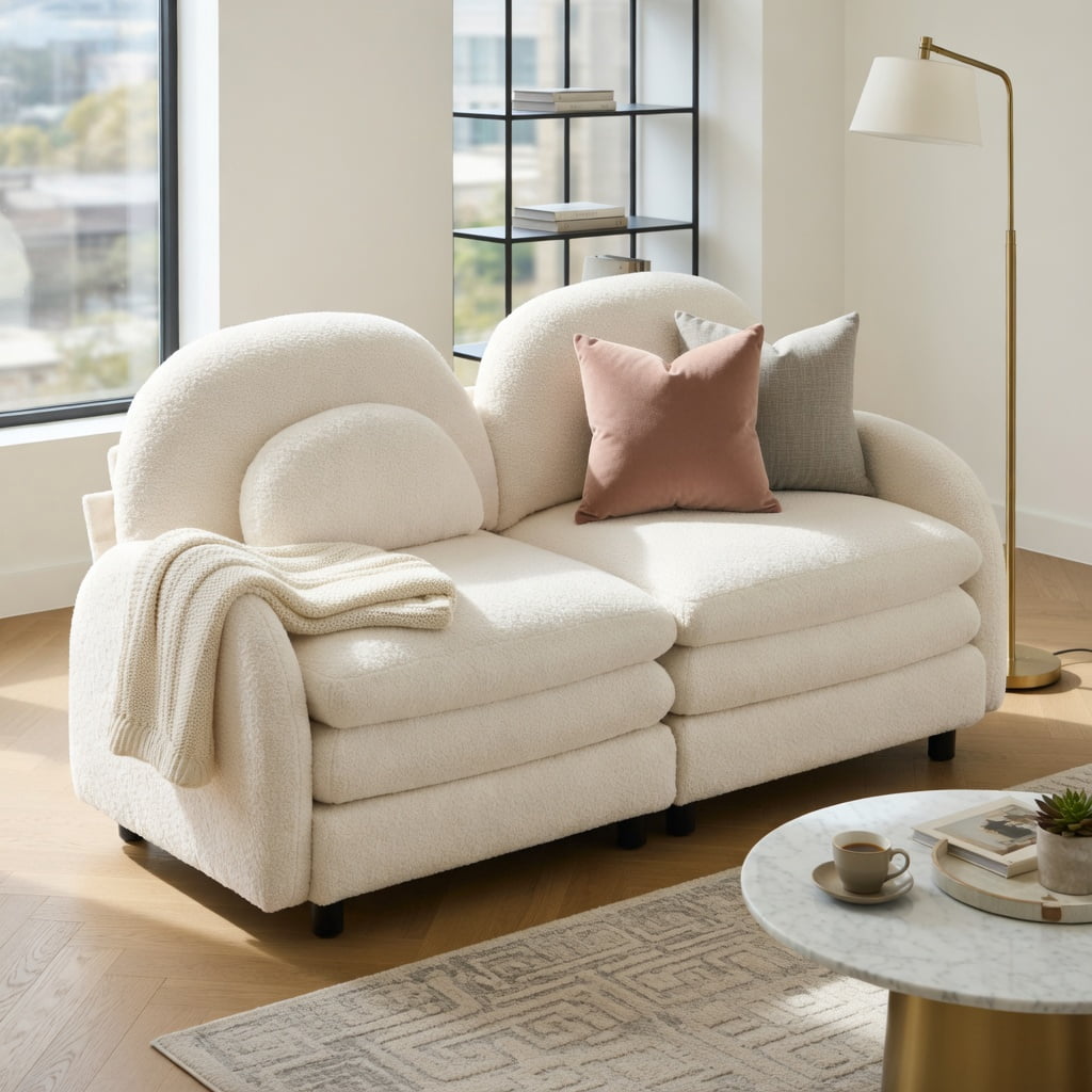 Hommoo Teddy Fleece Modular Loveseat Sofa, 2-Seater Cloud-Like Comfort Couch with Curved Backrest, Lumbar Pillows & Double-Layer Cushions, Beige