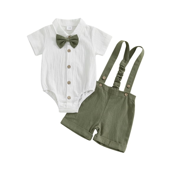 Conjunto de 3 piezas para bebé niño: traje de caballero, color liso, manga corta, cuello con solapa, shorts con tirantes y pajarita.