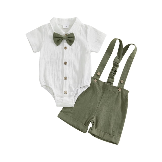 Conjunto de 3 piezas para bebé niño: traje de caballero, color liso, manga corta, cuello con solapa, shorts con tirantes y pajarita.
