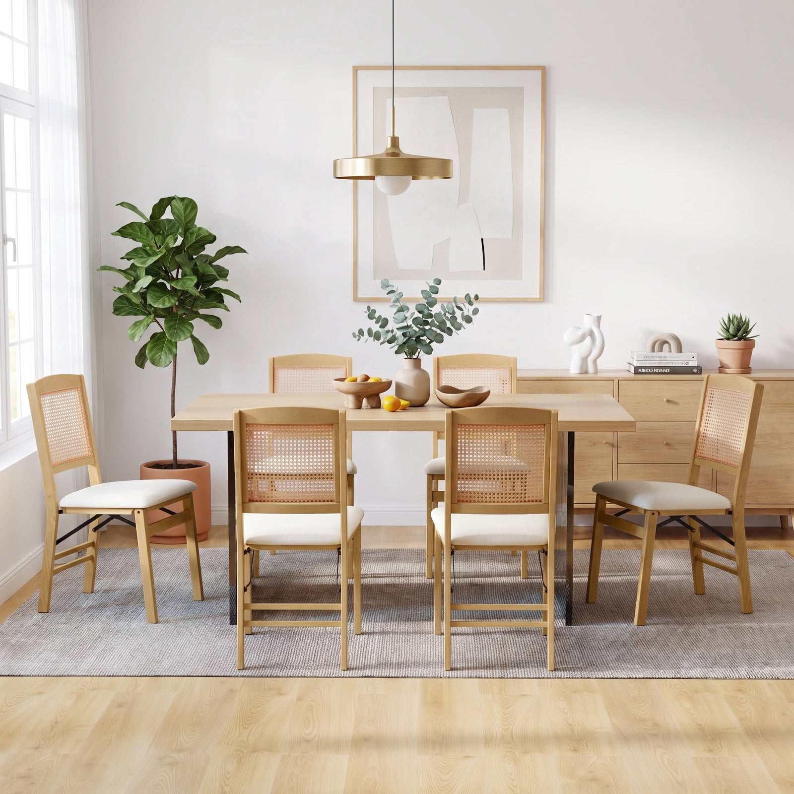 Furnibear Folding Dining Chairs Set of 2 Rubber Wood Chairs with Linen Padded Seat for Kitchen Dining Room Living Room Home, Natural