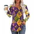 thumbnail image 3 of Mardi Gras Shirts Womens Glitter Carnival Crew Neck Tops Mask Print Long Sleeve Green Blouse Dark Purple S, 3 of 9