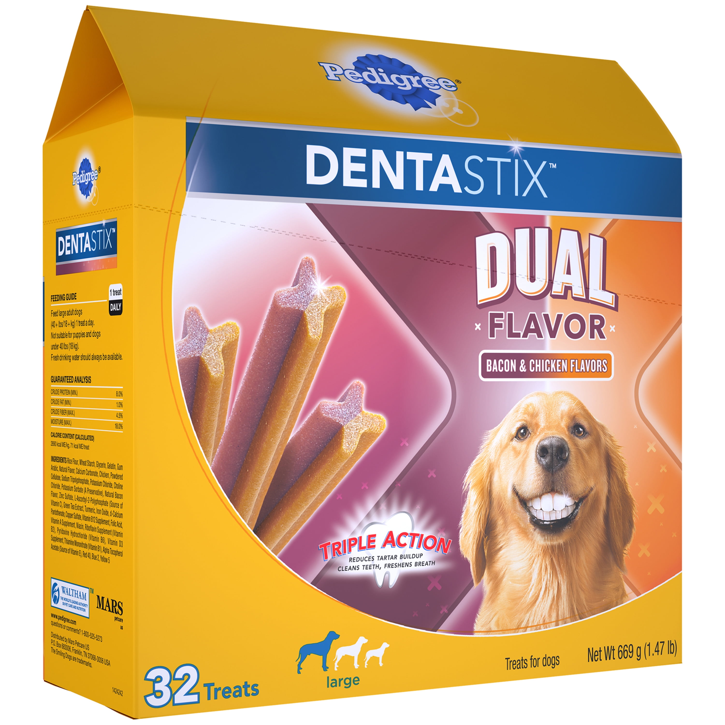 Pedigree Dentastix Dual Flavor Large Dog Treats, Bacon & Chicken Flavors, 1.47 lb. Pack (32 Treats)