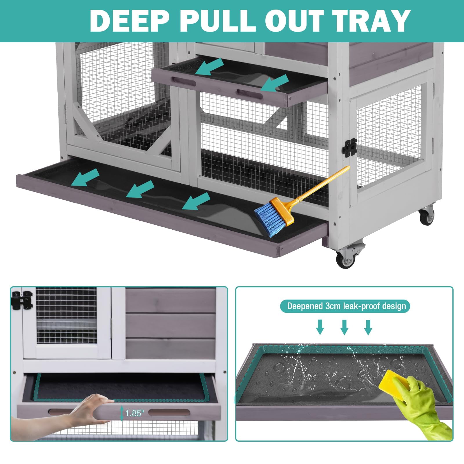 Aivituvin Wooden Rabbit Cage on Wheels Indoor Rabbit Hutch for 2-4 Rabbit Guinea Pig Bunny Small Animal Cage with Leakproof Tray Chewproof Ramp Gray