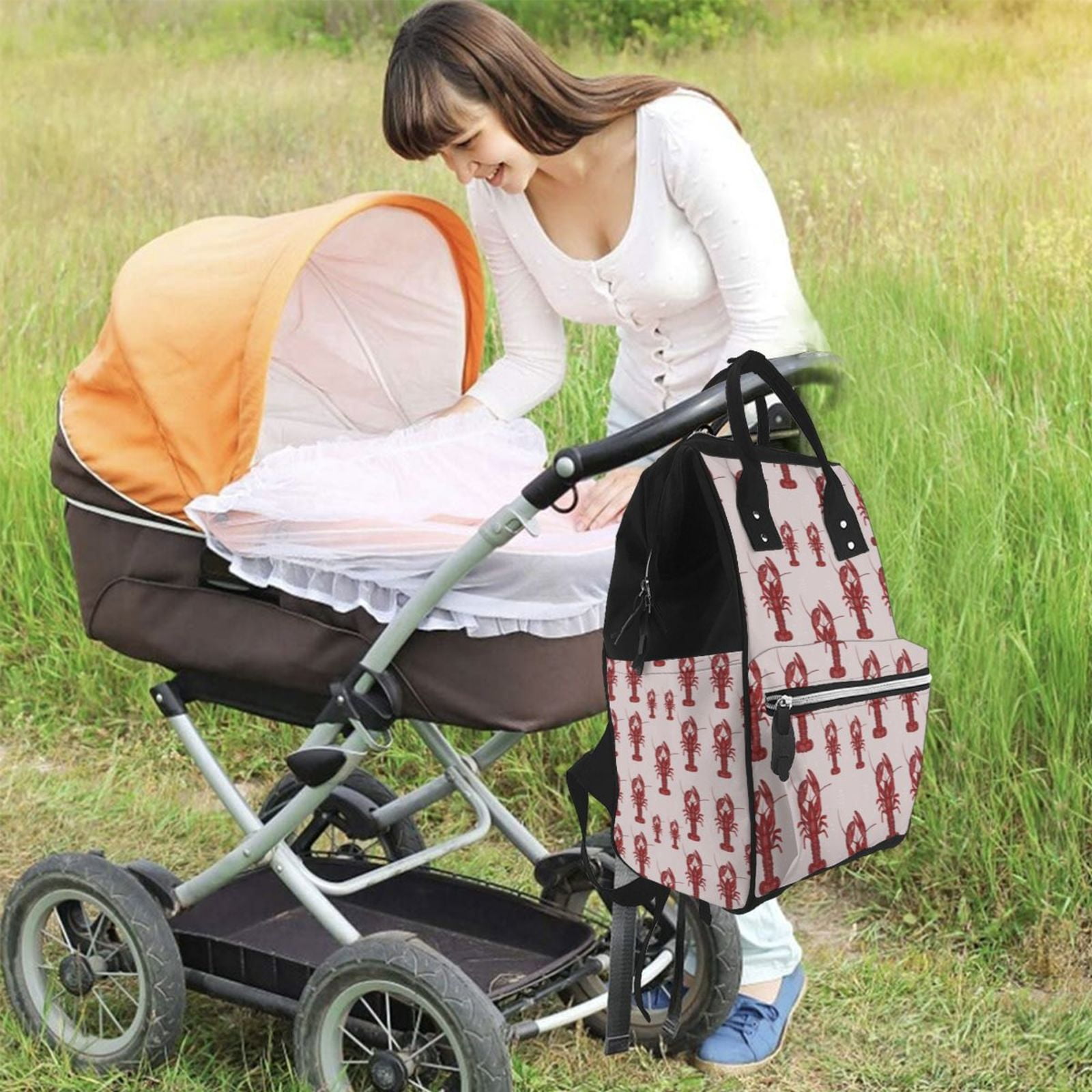 Ratiio Red Lobster With Claws Mummy Backpack - Waterproof Twill Canvas, Large Capacity Diaper Bag with Multiple Pockets and Adjustable Straps