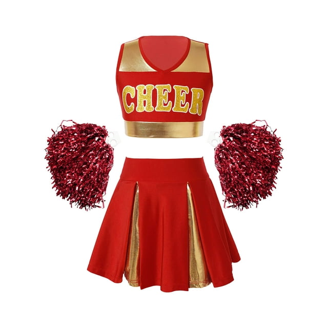 Runhomal Kids Girls Cheer Leader Costume Halloween Cheerleading Team Rooter Uniform Set Crop Top with Pleated Skirt E#Red13 6