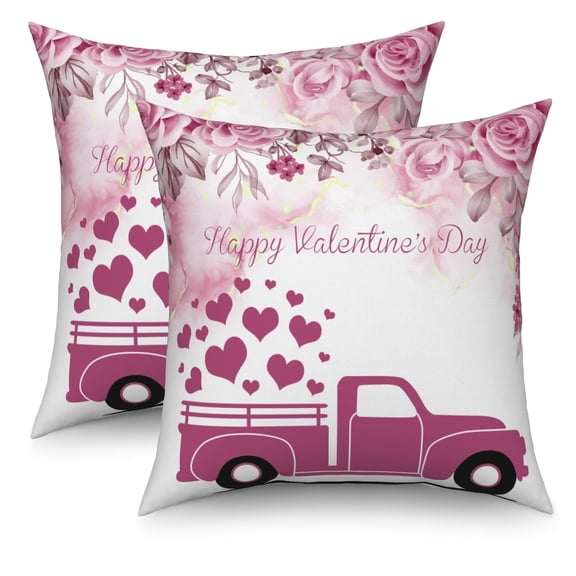 Valentine's Day Purple Throw Pillow Covers 18x18 Set of 2,Truck Love Heart Decorative Pillow Cases for Bedroom Sofa Couch