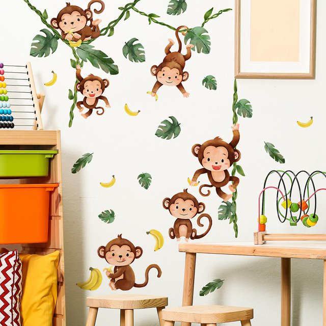 Calcomanía de pared con dibujo de mono de vid, calcomanía para dormitorio infantil, arte de guardería para bebés, decoración extraíble de jungla