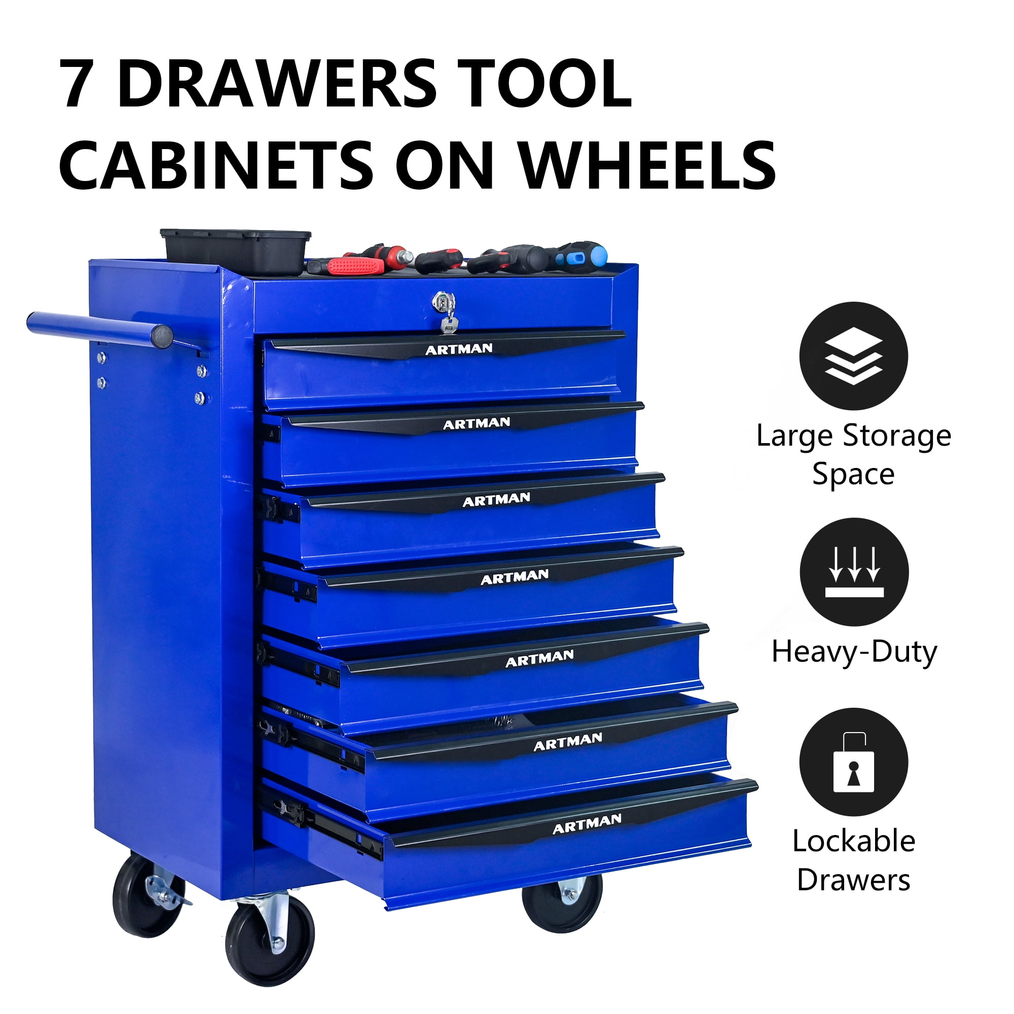 7-Drawer Rolling Tool Chest on Wheels, Seizeen Metal Tool Box Storage Cabinet Lockable, Multifunctional Tool Cart w/7 pcs Small Tool Box, Linners
