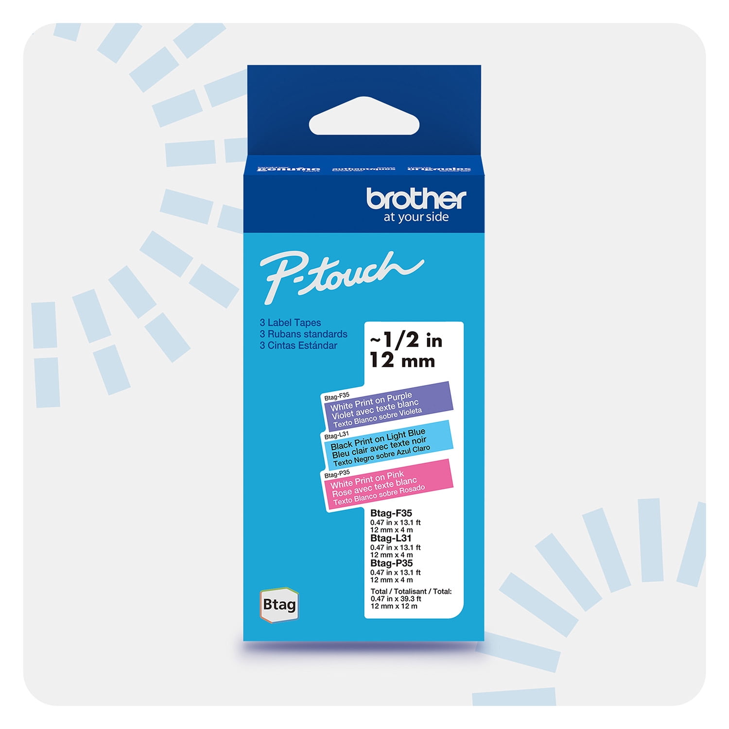 Brother Genuine P-touch BTAG3M02, 3-Pack White on Purple, Black on Light Blue, White on Pink Label Tape, ~1/2in by 13.1ft (12mm x 4m) for Ptouch Label Makers