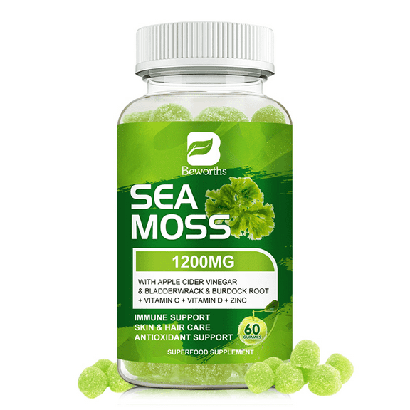 Irish Sea Moss Gummies, Plus Bladderwrack & Burdock Root, Vitamins C D, Zinc - for Thyroid, Energy, Immune Support, 60 Gummies