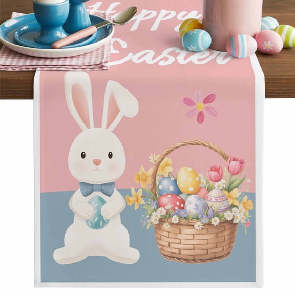 Happy Easter Table Runner, Spring Rabbit Basket Floral Eggs Pink Blue Cotton Linen Kitchen Table Decoration Washable Dining Tabletop Runners for Home Party Decor 13x48 Inches