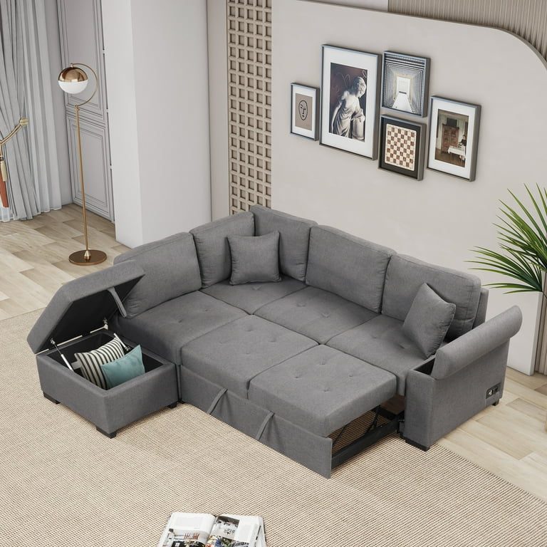 Euroco L Shape Sofa Bed with Storage Ottoman and Hidden Arm Storage Sectional Sofa Sleeper with USB Port for Living Room Apartment Dark Gray Size