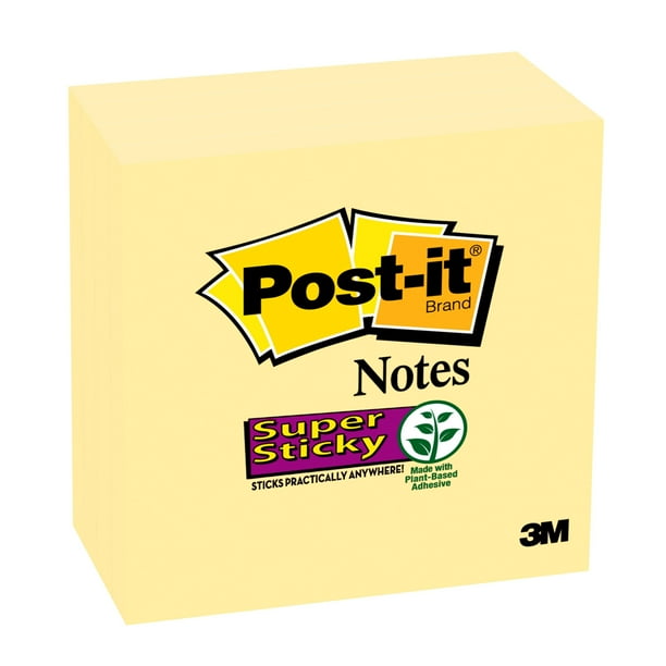 Postit Super Sticky Notes, 3". x 3", Canary Yellow, 4 Pads