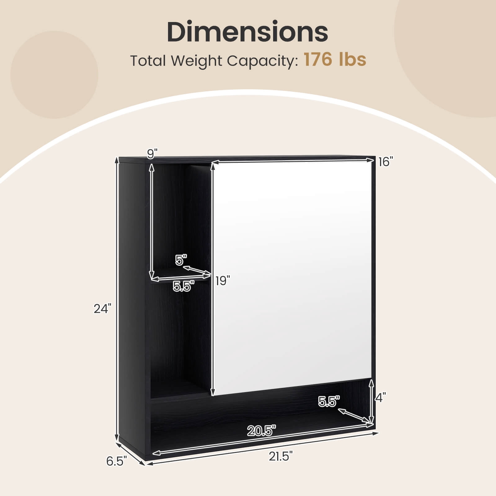 Costway Bathroom Wall Cabinet with Mirror, Single Door, 3 Open Shelves & Adjustable Shelf Black