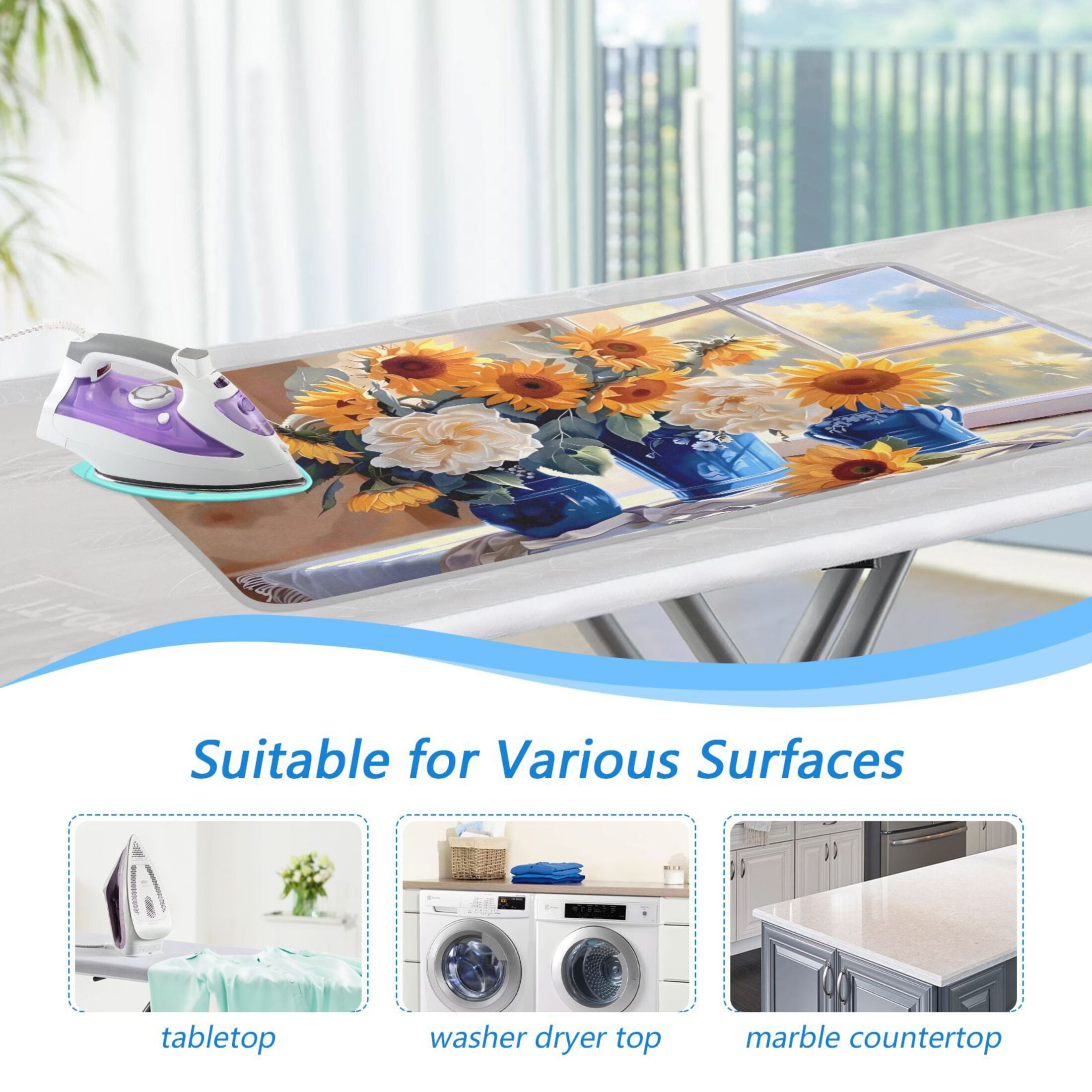 Sunflowers Roses in Vases Ironing Board Covers Heat Resistant Ironing Pad Mat Portable for Travel Washer Dryer Table