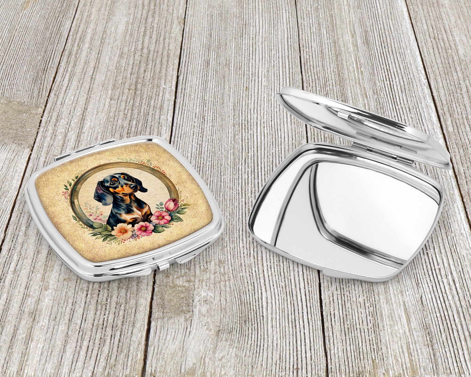 Dachshund and Flowers Compact Mirror 2.75 in x 3 in