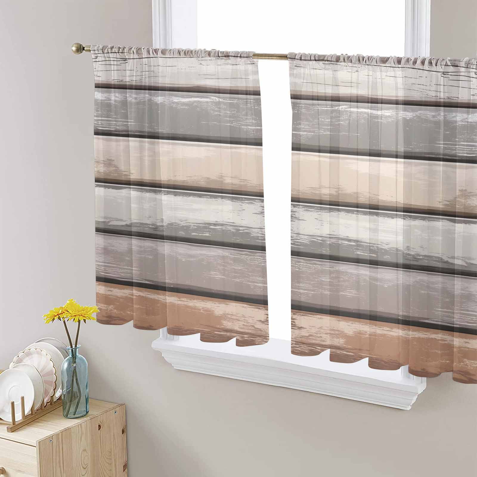 Brown Beige Stripes Sheer Curtains 45 Inch Length 2 Panels Set for Living Room/Bedroom, Geometric Painting Neutral Textured Curtain Sheers Drapes Rod Pocket Curtains Window Treatment Set 52''x45''x2