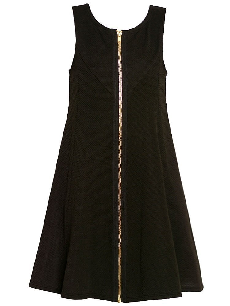 black dress with gold zipper in front