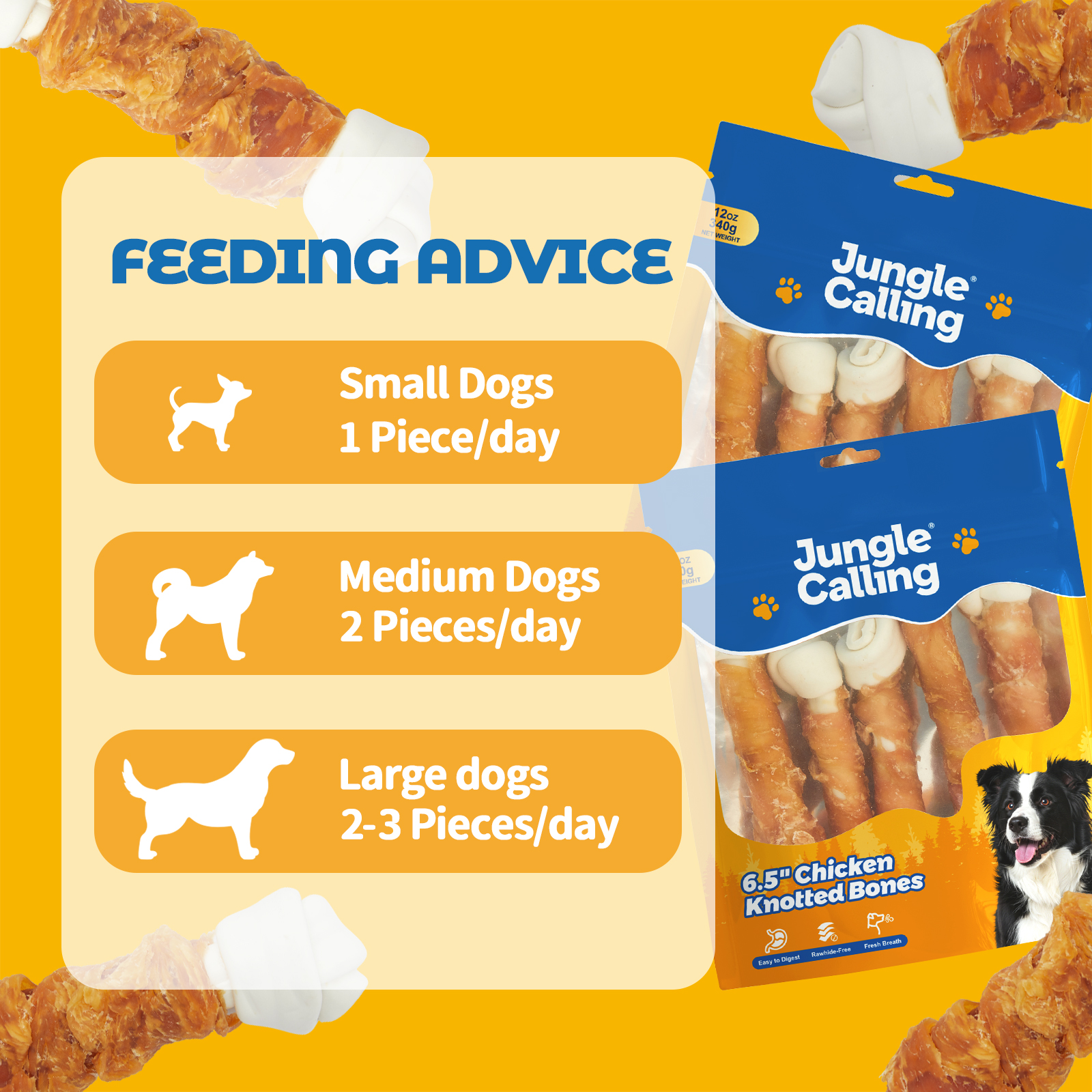 (2 pack) Jungle Calling Chicken Knotted Bones for Dogs Rawhide Free Chicken Wrapped Chew Dog Bones Training Treats, 12 oz