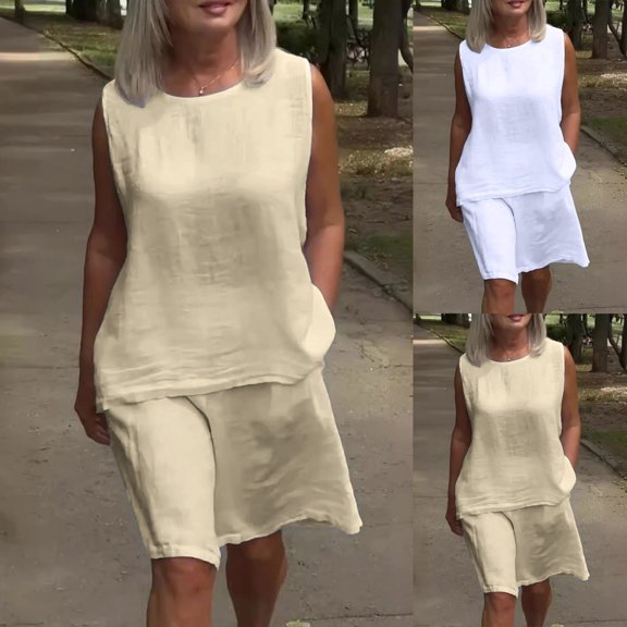 UPPADA Womens Linen 2 Piece Outfits Sleeveless Crew Neck Tank Top and Loose Fit Knee Length Shorts Set Ladies Summer Two Piece Casual Matching Set Khaki,L