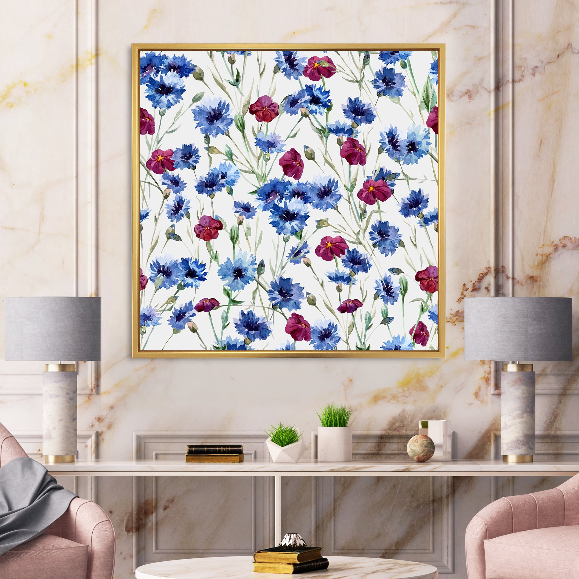 Designart 'Red and Blue Wildflowers' Traditional Framed Canvas Wall Art Print