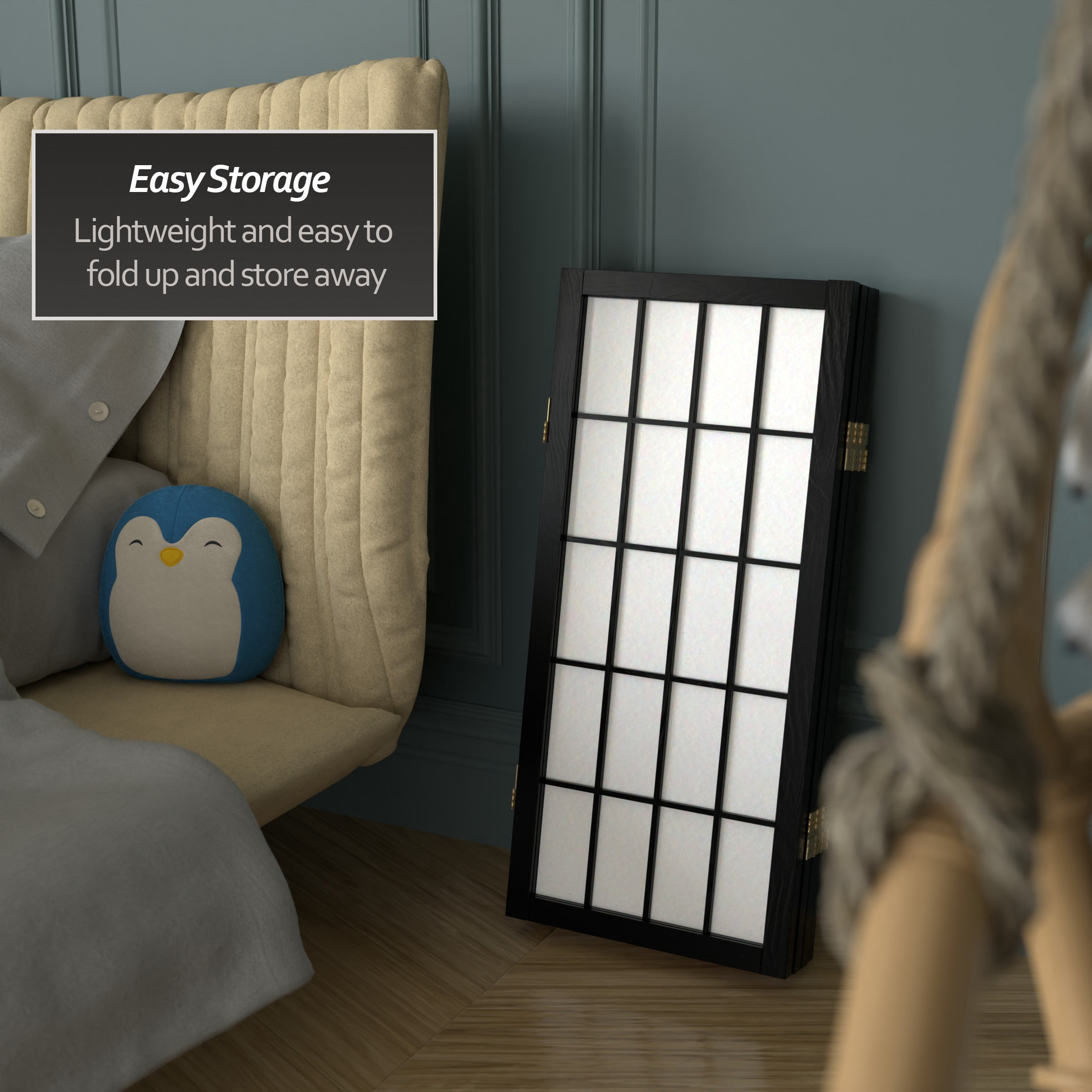 2 ft. Tall Desktop Window Pane Shoji Screen - Black - 4 Panels
