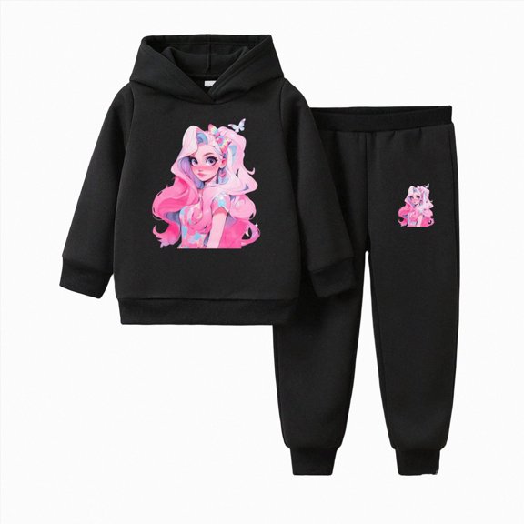 Gubotare Holiday Outfits for Kids Girls 2PCS Fashion Outfits Set - Cropped Hoodie Printed Jeans 2-Piece Set Size 7-8 (Black,7-8 Years)