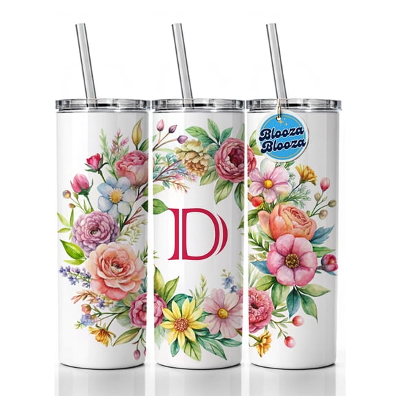 Letter D Initial Monogram Flowers Floral 20oz Insulated Water Bottle Skinny Tumbler Includes Straw