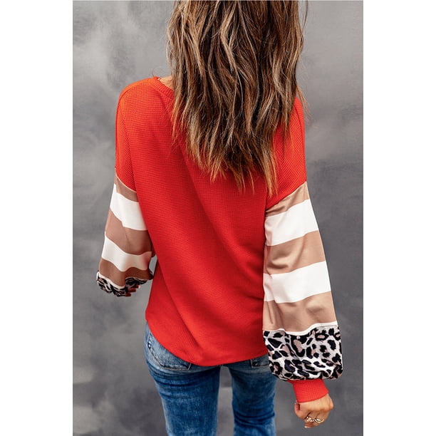 ABPHQTO Top de bloque de color de leopardo a rayas con estampado de cara divertida de Halloween para mujer