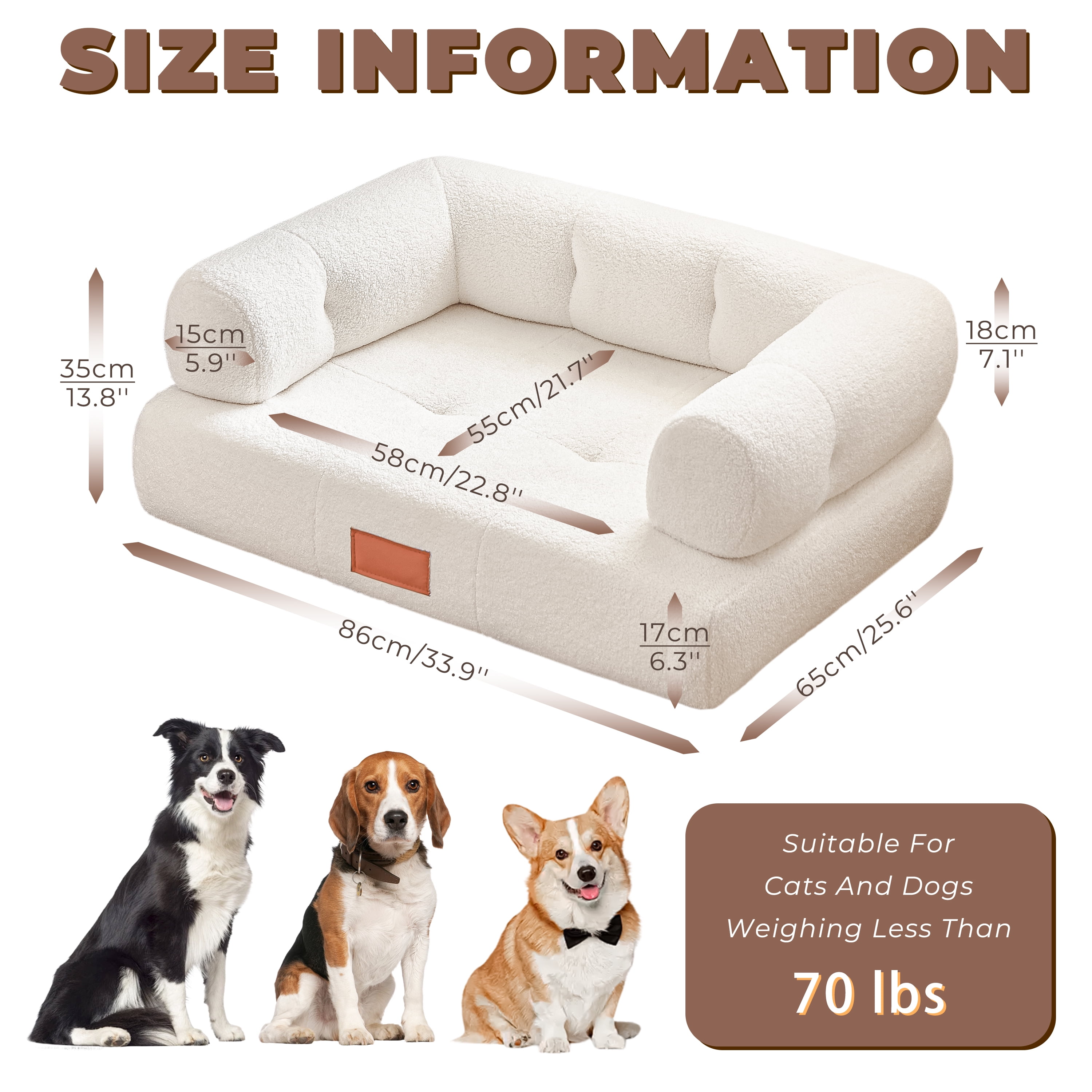 Faux Shearling Dog Bed Couch For Large Dogs Up To 70lbs, No Assembly Orthopedic Elevated Pet Sofa Bed, Furniture Style Comfy Dog Couch Bed, White