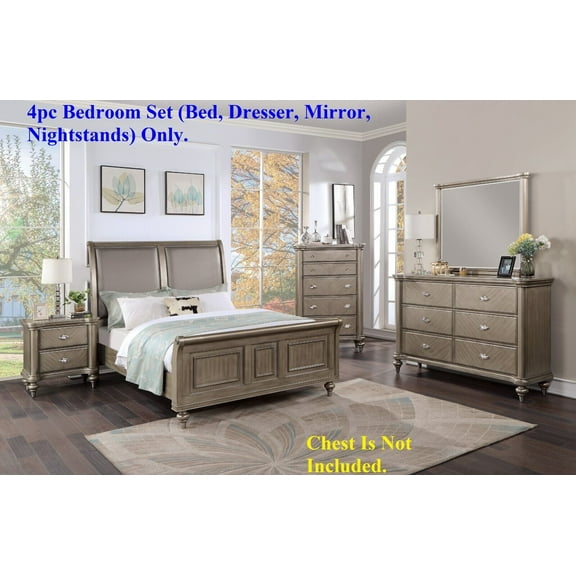 Formal Traditional Grey Finish 4pc Bedroom Furniture Queen Size Bed Dresser Mirror Nightstand Sleigh Bed Upholstered HB