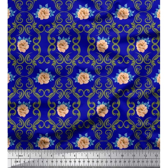 Soimoi polyester Crepe Fabric Filigree Damask,Leaves & Peony Floral Printed Craft Fabric by the Yard 42 Inch Wide