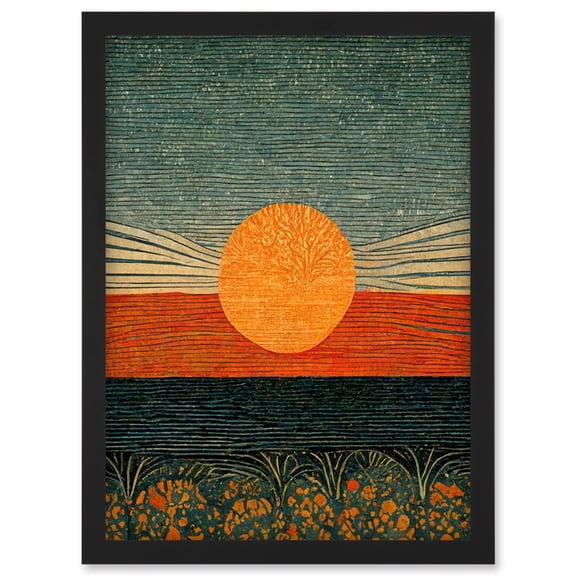 William Morris Style Sunrise Over Sea Abstract Artwork Framed Wall Art Print A4