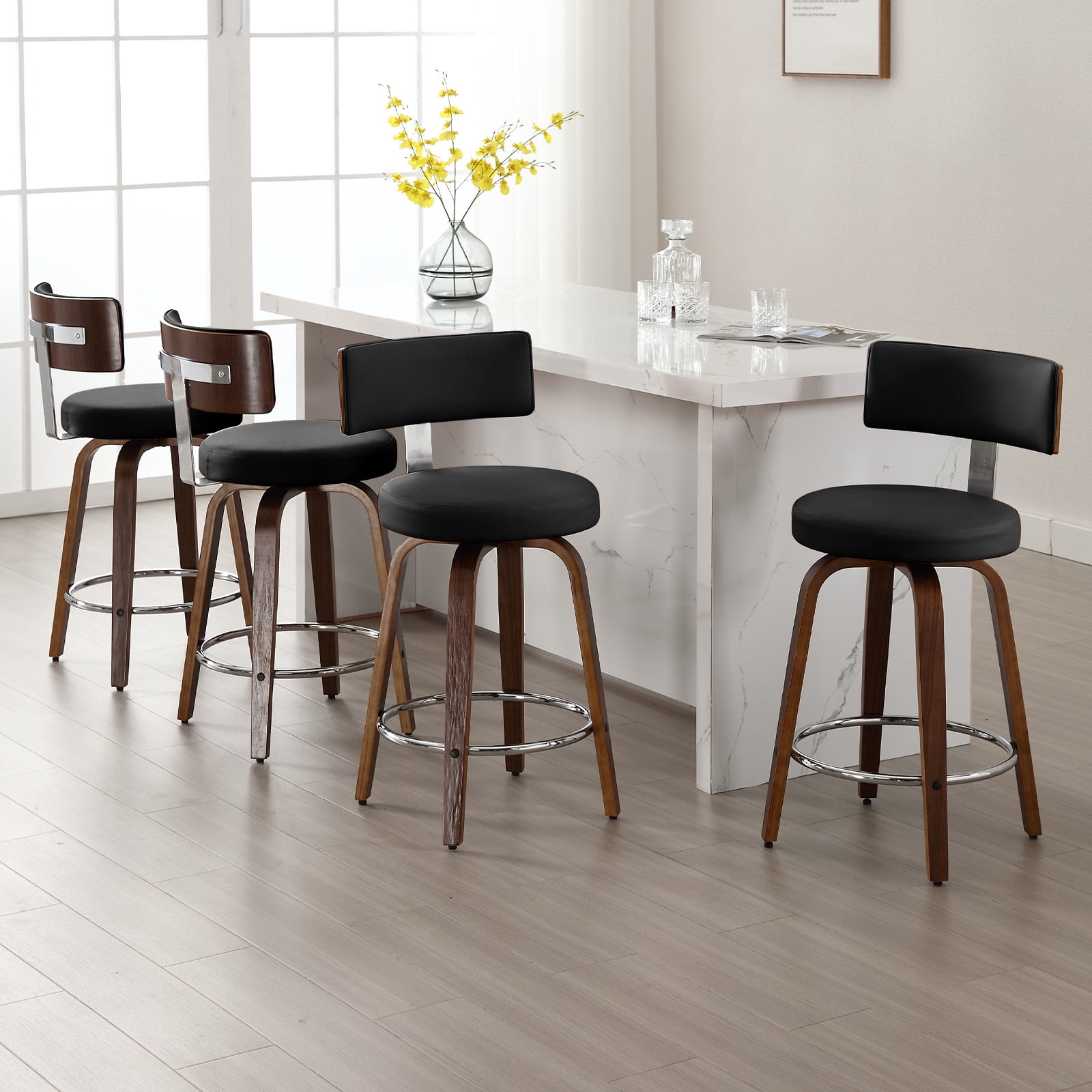 ANMINY Bar Stools Set of 2 360° Swivel with Back and Round Seat PU Leather Barstools 29" Bar Height Upholstered Bar Chairs Island Stools for Kitchen Counter