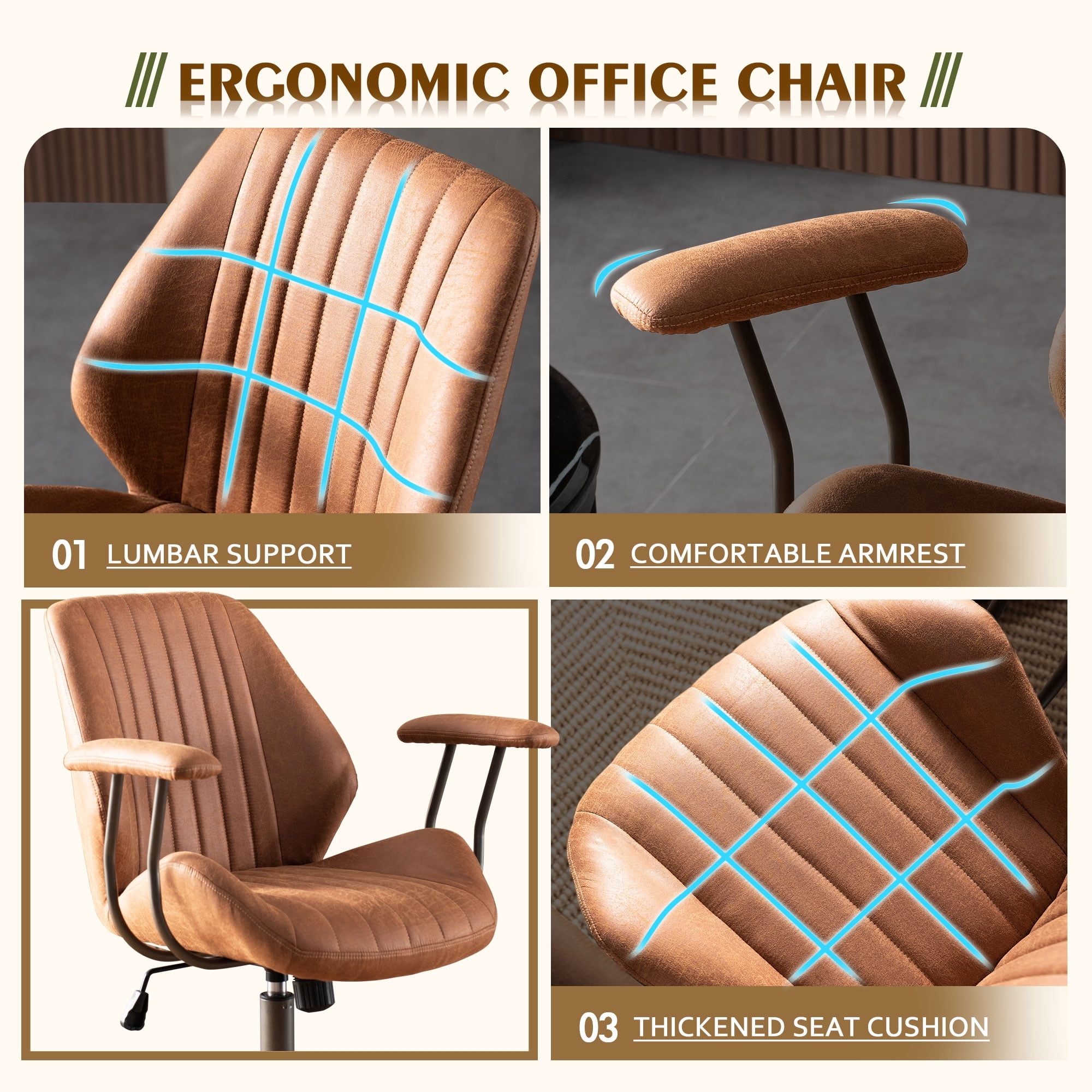 Toject Executive Desk Chair, Ergonomic Office Chair with Lumbar Support, Suede Leather, Brown