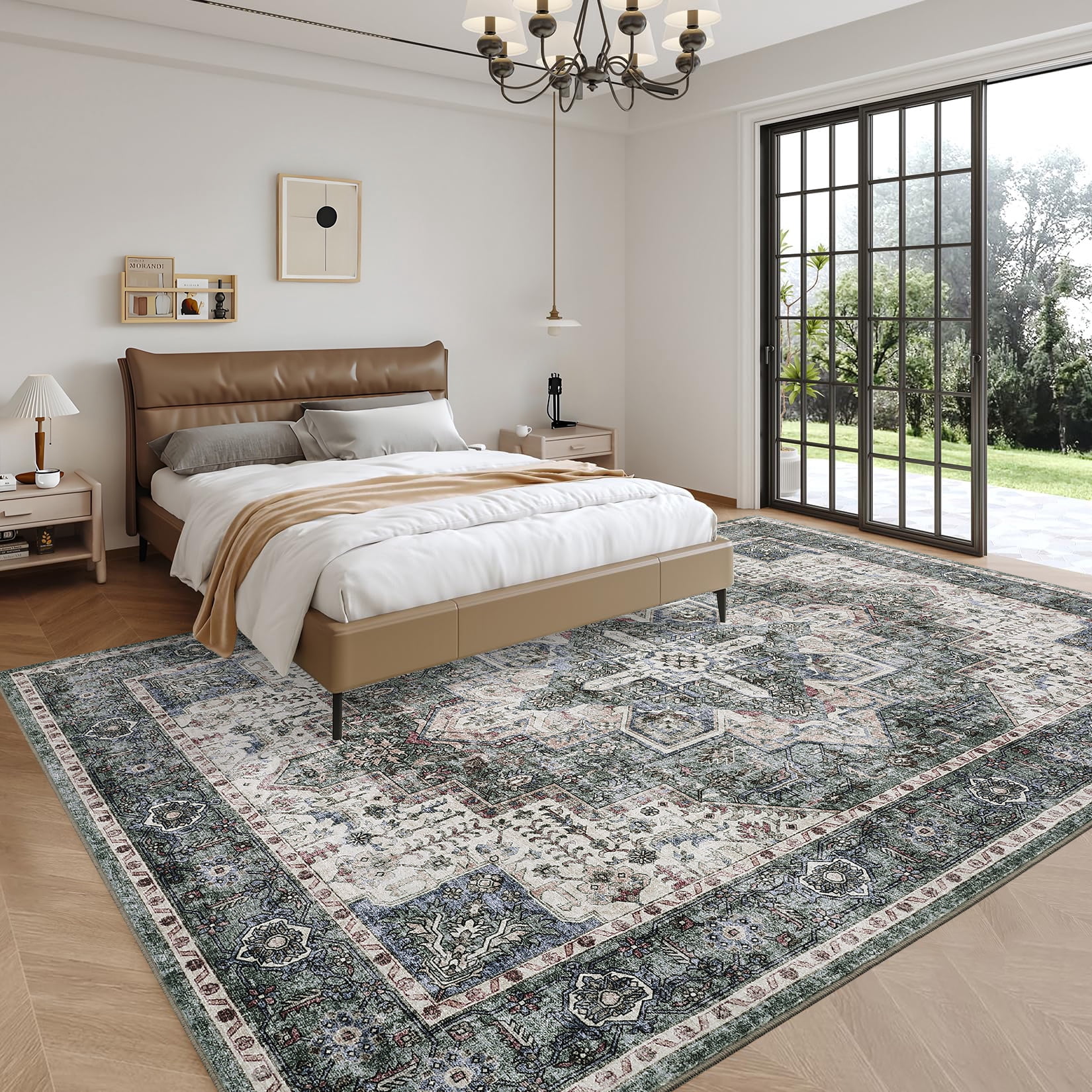 FairOnly Green 10'x13'Extra Large Vintage Rugs for Living Room Low Pile Non Slip Oritental Style Stain Resistant Area Rug for Bedroom