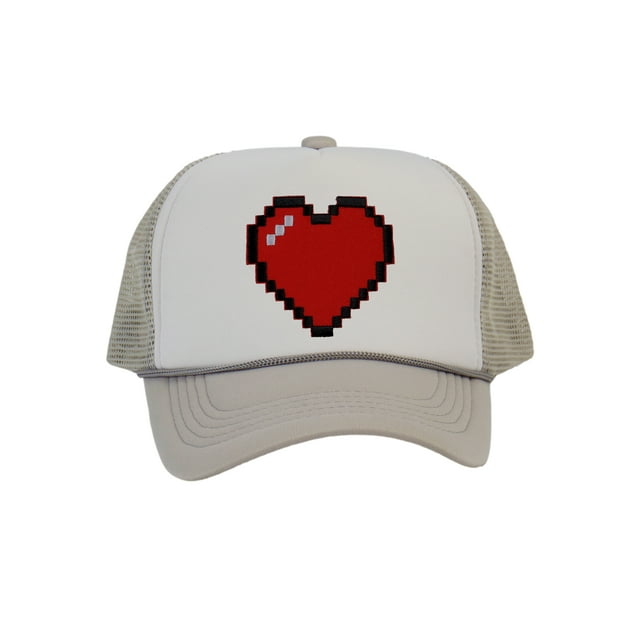 Men's 80's Retro Large 8 Bit Pixelated Heart Gamer Trucker Hat, White/Lt Grey