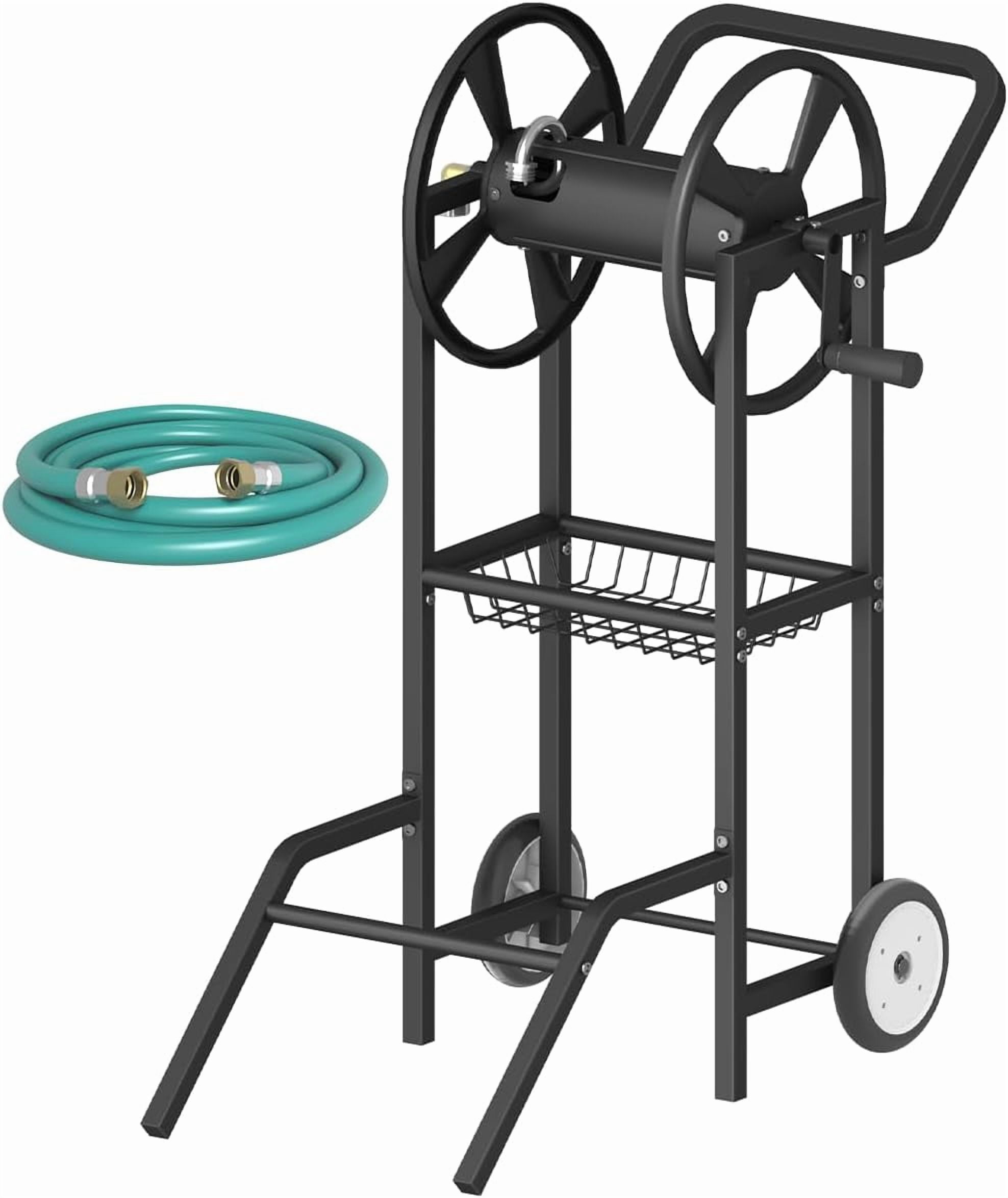 Hose Reel Cart with 2 Wheels, Garden Water Hose Holder Heavy Duty Powder Coated Steel Outdoor Winder Storage Holds 125 ft 5/8" Hoses with Basket and 3.9ft Leader Hose for Backyard, Green