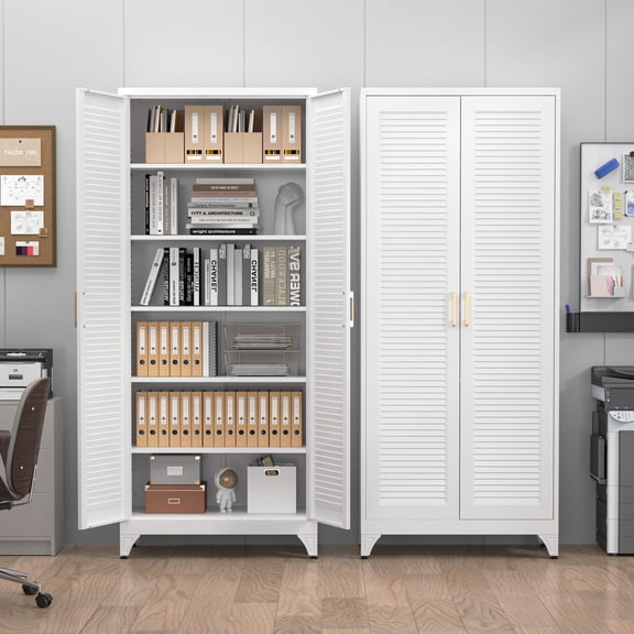 UNICOLY 75"H White Kitchen Pantry Cabinet, Tall Storage Cabinet with Doors and 4 Shelves, Metal Storage Cabinets