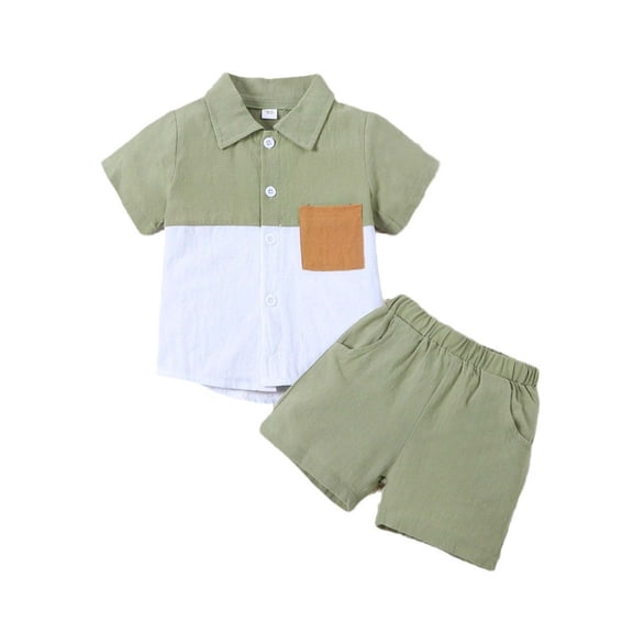 Boy Summer Clothes Outfit Color Block T-shirt Shorts Set Toddler Checkerboard Clothes Green Size 5-6 Years