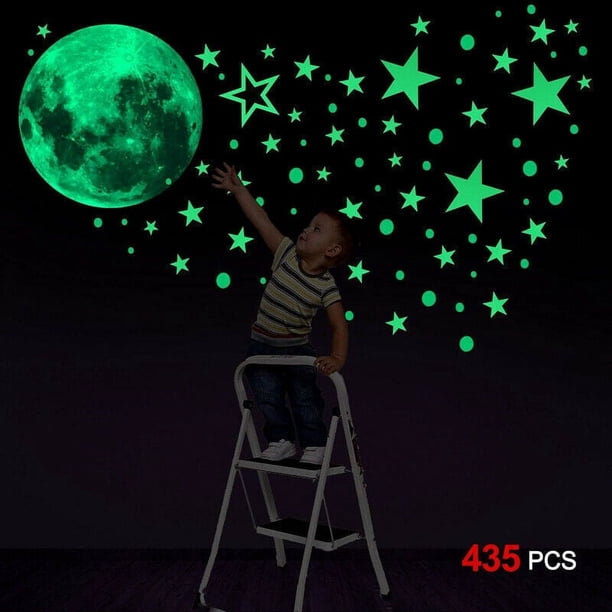 Estrellas y luna que brillan en la oscuridad para techo, estrellas y luna brillantes, decoración de pared de habitación para niños, estrellas fluorescentes adhesivas, C