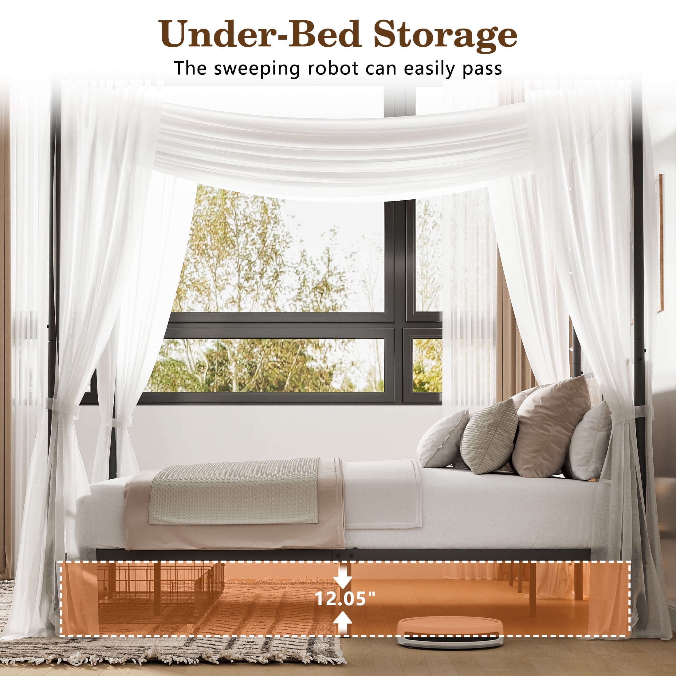 HSUNNS Queen Bed Frame, Queen Size Canopy Bed Frame with 2 Storage Drawers, Wooden Headboard and Footboard, Metal Platform Bed with Under-Bed Storage, No Box Spring Needed, Black+Brown