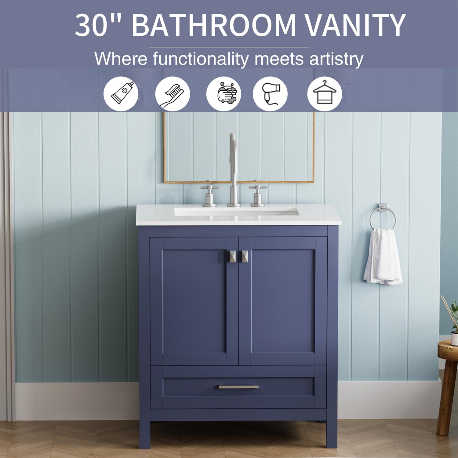 Demi Bonn 30" Freestanding Bathroom Vanity with Sink, Carrara Engineered Marble Vanity Top, Soft-Close Door, Under-mounted Rectangular Ceramic Sink, Blue