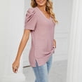 thumbnail image 3 of Camisa de manga abombada con cuello en V para mujer, Top de manga corta, camisa delgada holgada con agujeros, color rosa oscuro M, 3 of 6