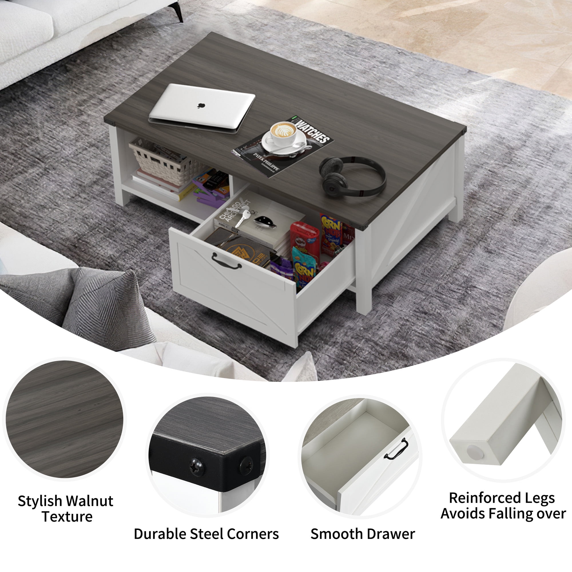 Dextrus Farmhouse Coffee Table with Storage, 2-Tier Storage Open Shelf Rustic Living Room Tables, White & Black
