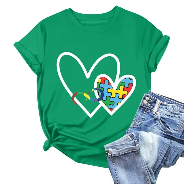 Aqestyerly T-Shirt de Sensibilisation à l'Autisme pour Femmes Manches Courtes Décontractées Haut d'Été Col Rond Graphique