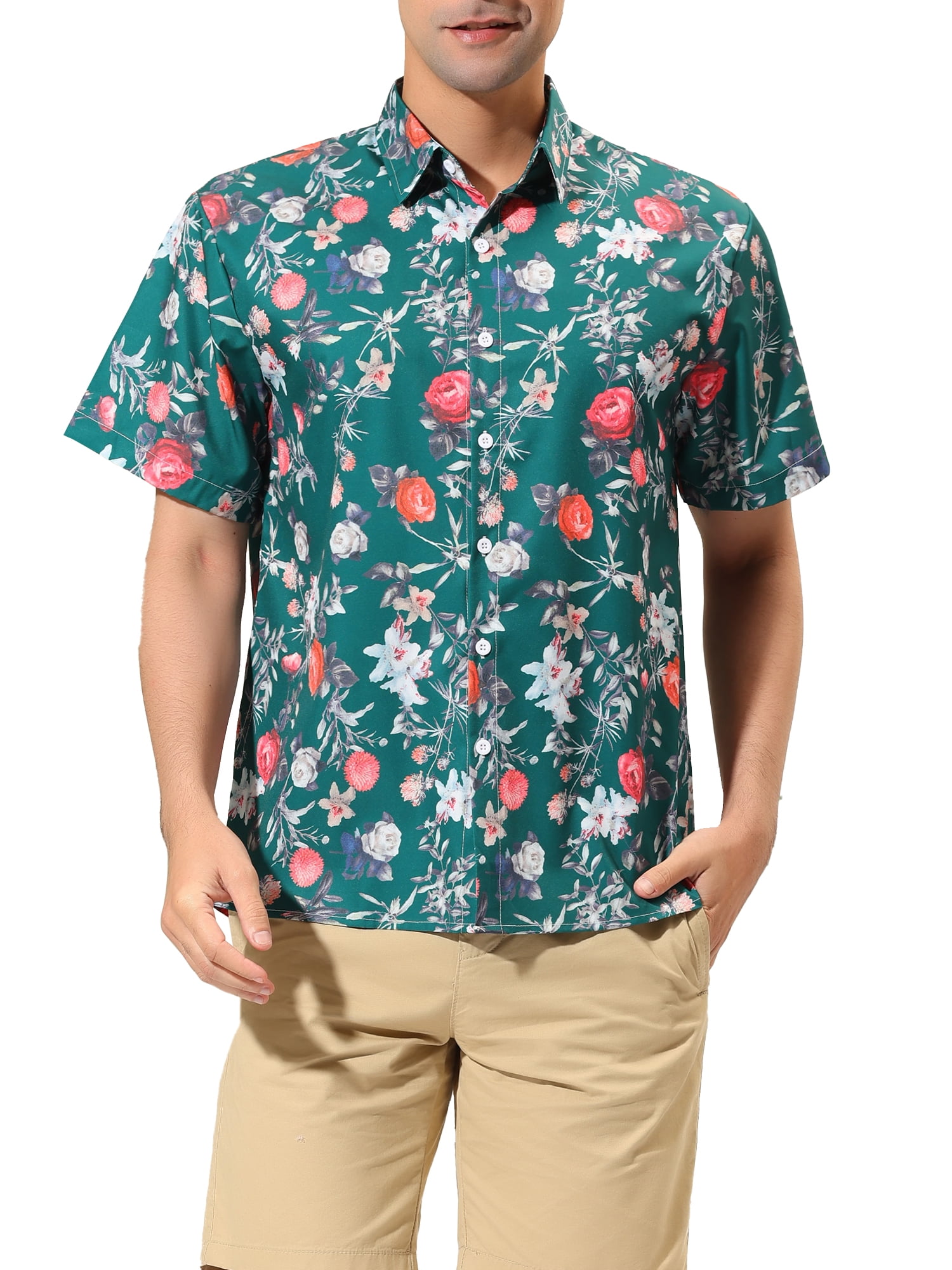 Men Button Up Floral Design Short Sleeves Stylish Shirt 