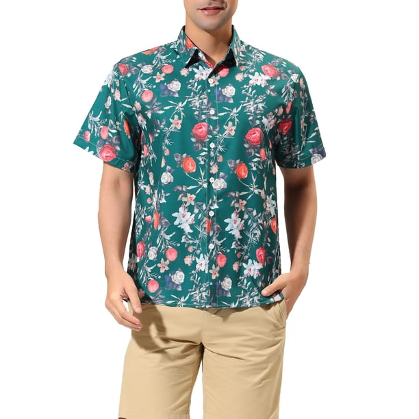 CAMISAS DE HOMBRE CORTAS DE INSPIRACIÓN CHIC, CON ESTAMPADO FLORAL, BOTONES EN LA PARTE FRONTAL, CAMISA DE PLAYA HAWAIANA, 34 VERDE BLANCO
