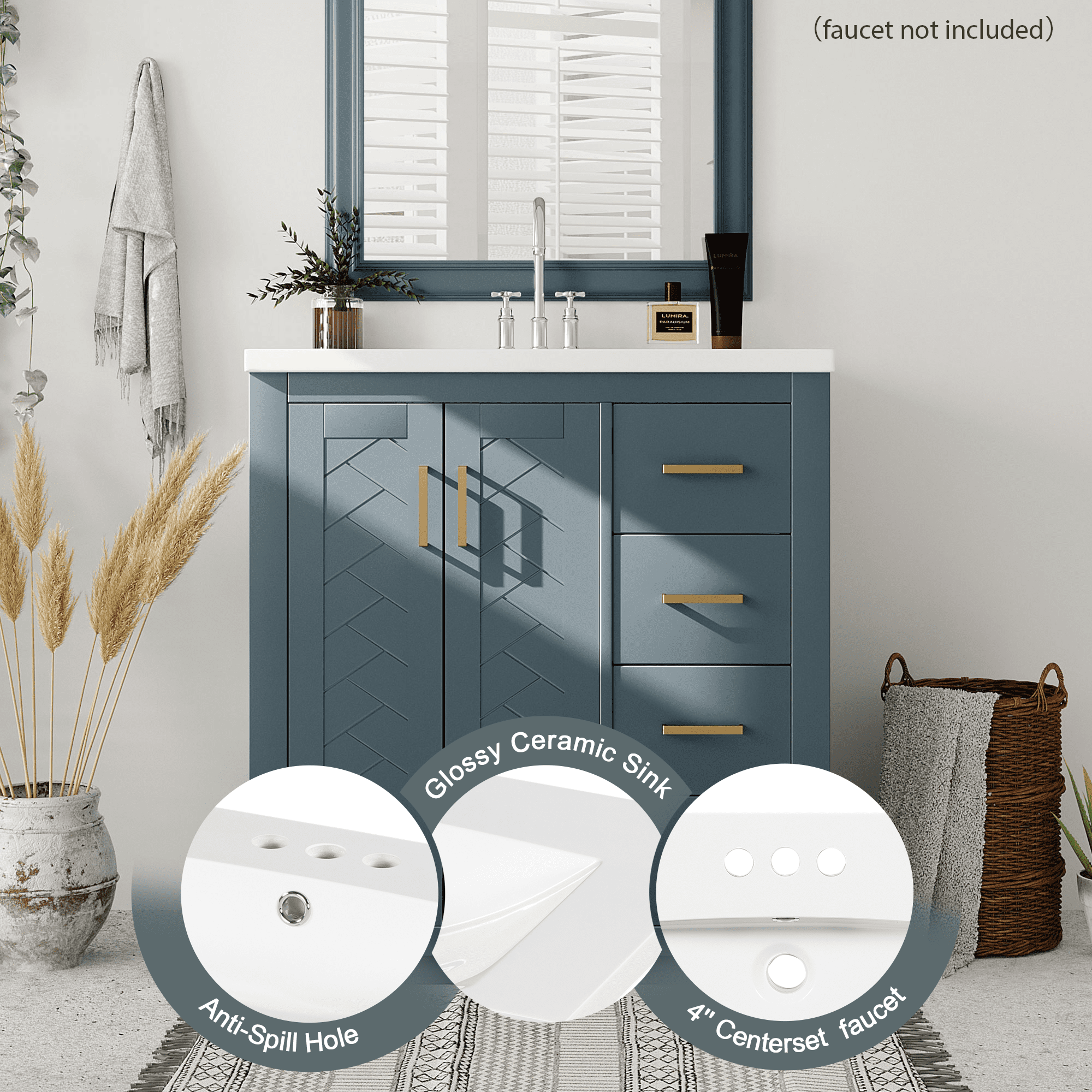 30 Inch Bathroom Vanity with Ceramic Sink Solid Wood Storage Cabinet 3 Drawers Soft Closing Doors Blue